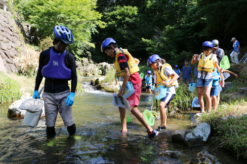 麻羅観音駐車場から川に入り、七重川河川プールへ向かう