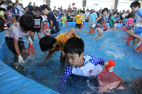 魚のつかみ取りのようす